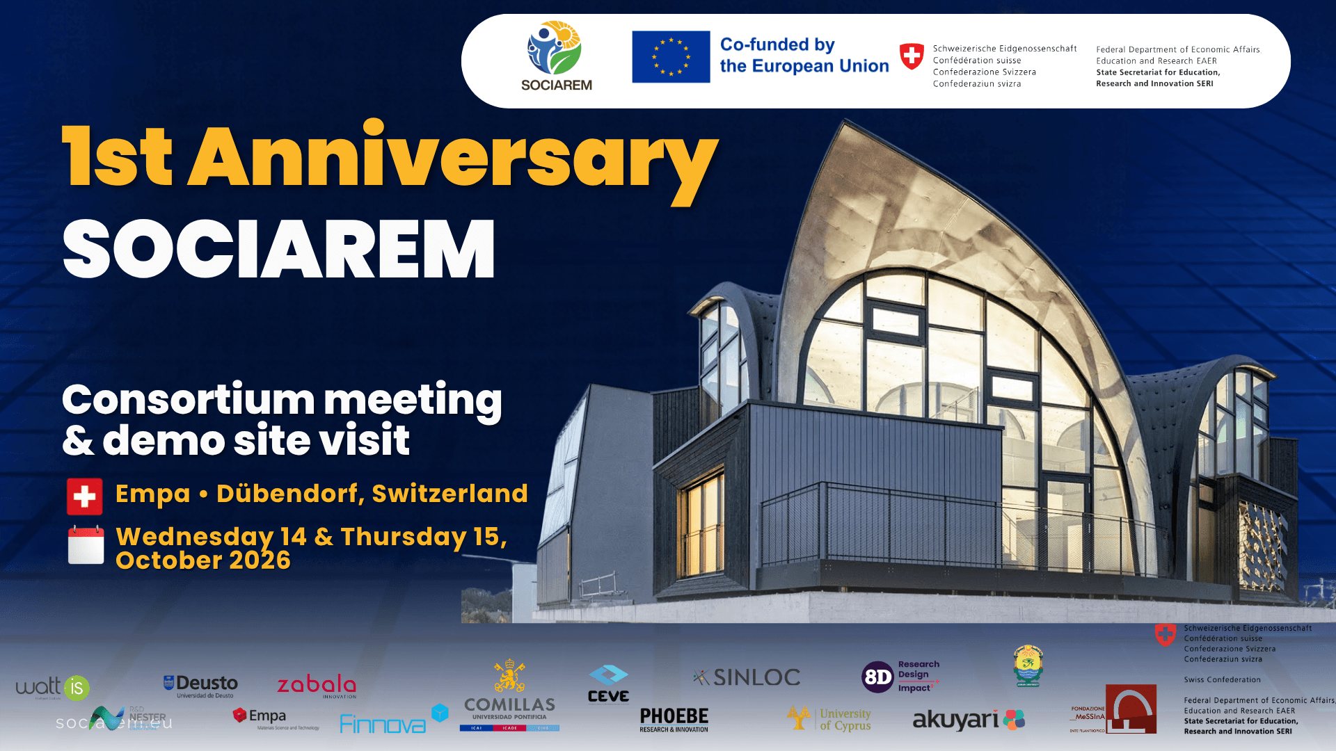 SOCIAREM celebrates its first anniversary with a consortium meeting at Empa, Switzerland, following a webinar on citizen-centred energy communities